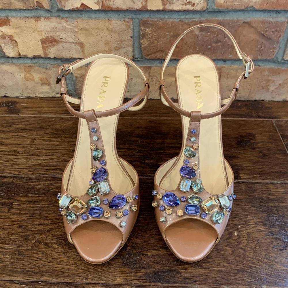 Prada Nude Jeweled Open Toe Slingback Pump Shoe